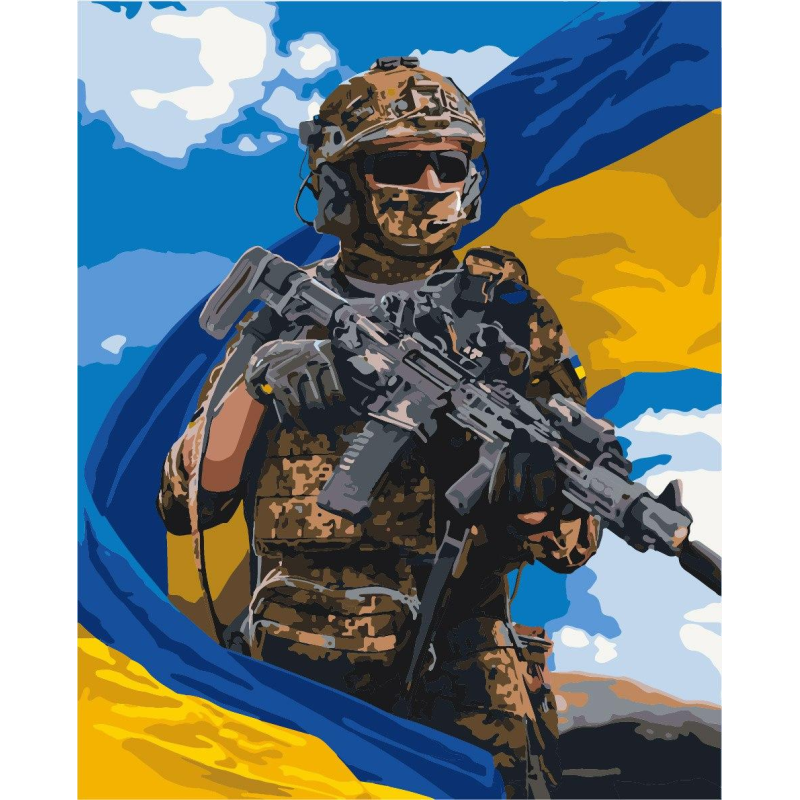 Картина за номерами Патріотична. Воїн ЗСУ з прапором 40*50 см Орігамі LW 3268
