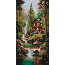 Картина за номерами Пейзаж. Будинок біля водоспаду © 40*80 см Орігамі LW 5213