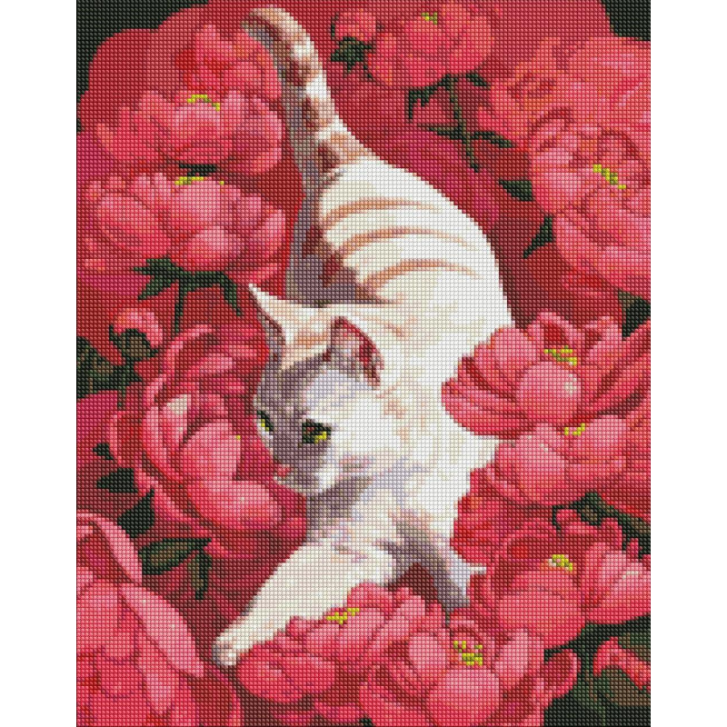 Алмазна мозаїка Котик у півоніях ©Kira Corporal 40*50 см AMO 7258