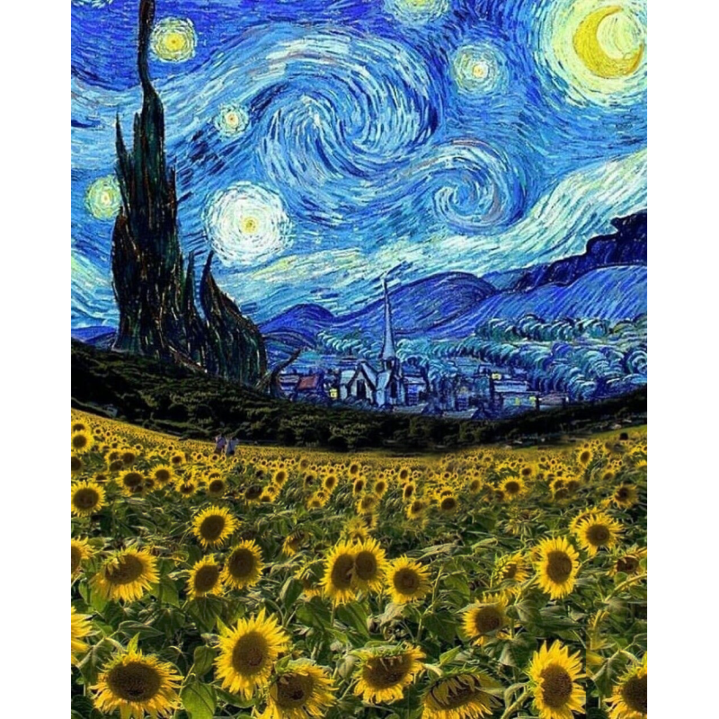 Алмазна мозаїка на підрамнику Зоряна ніч з соняшниками Ван Гога